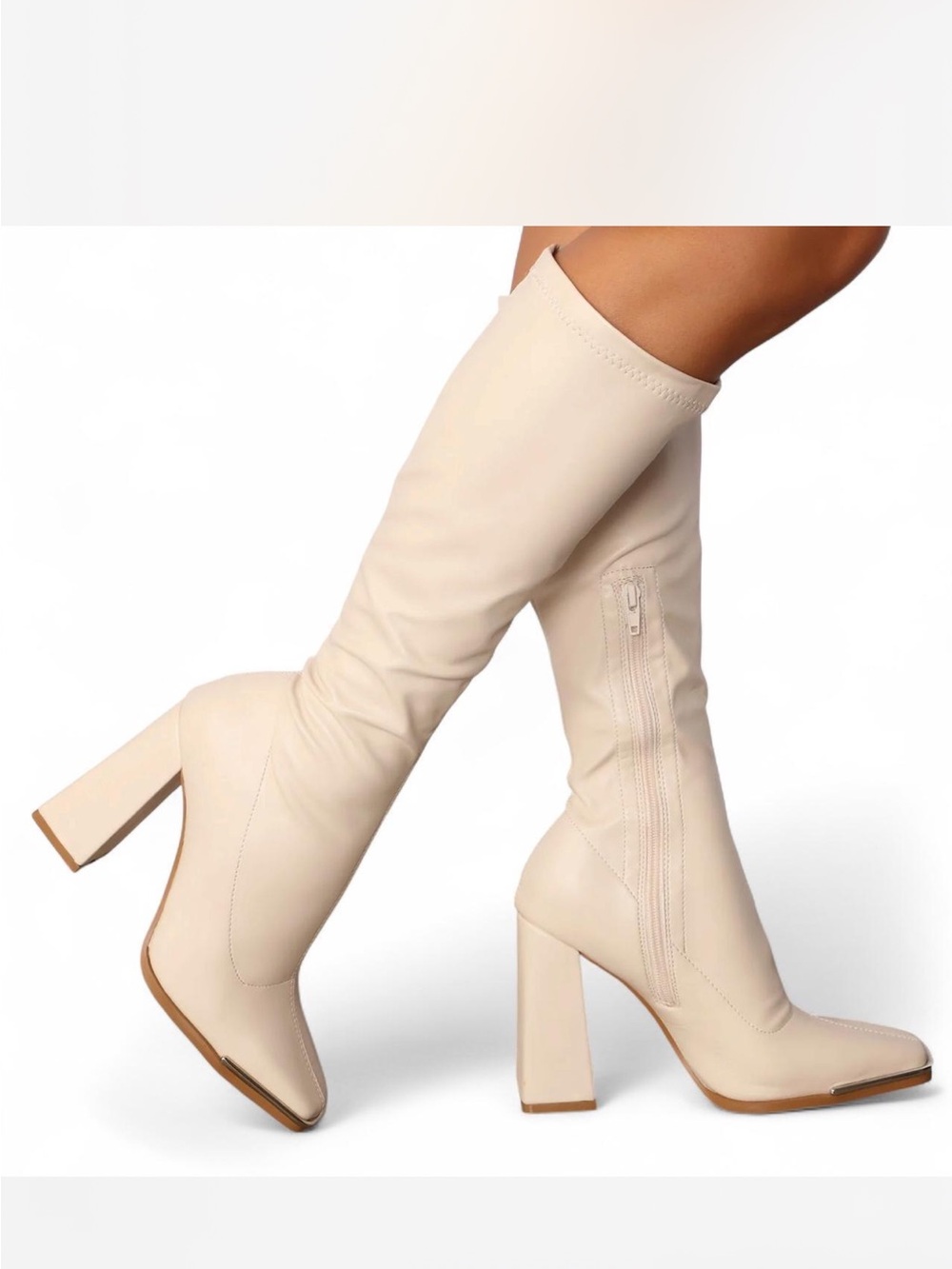 Nude Knee-High Block Heel Boots